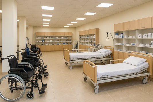 Interior de Iberortopedias en Las Rozas (Madrid) con camas hospitalarias, sillas de ruedas y material geriátrico.