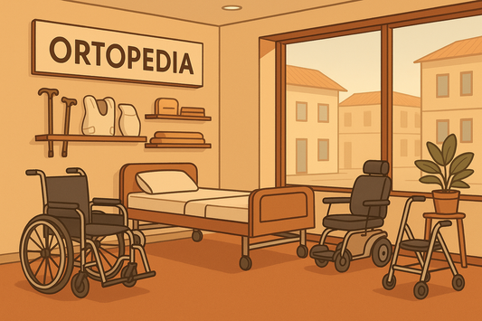 Ilustración de una ortopedia en Las Rozas con sillas de ruedas, cama hospitalaria y ayudas de movilidad, tienda Iberortopedias